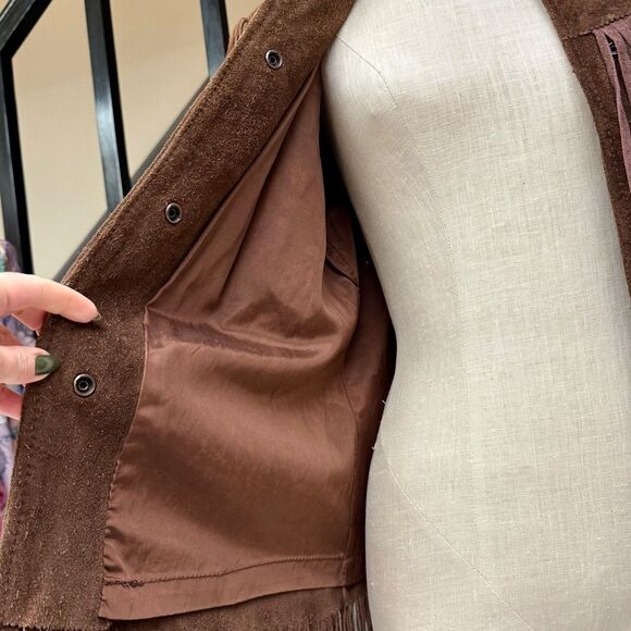 Vintage Brown Suede Leather Fringe Jacket Medium fit Montgomery Ward The Tannery - Picture 8 of 12